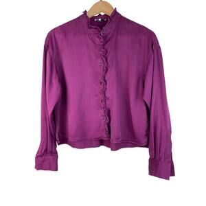 FRNCH Paris Women's Size S Purple Ruffle Front Long Sleeve Button Up Shirt